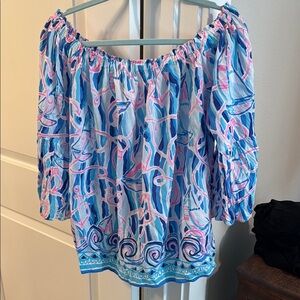 Women's Off-Shoulder Blue and Pink Top